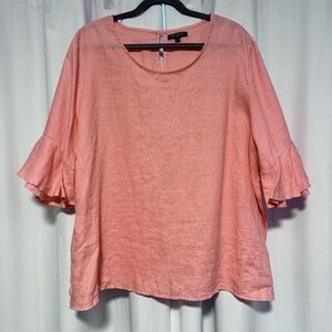 For Cynthia Women’s 1x 100% Linen Coral Ruffle Bell Sleeve Top Blouse Lagenlook